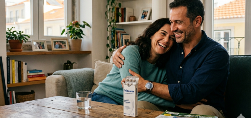 Embalagem do potenciador sexual Vipower sobre uma mesa com um casal feliz ao fundo.