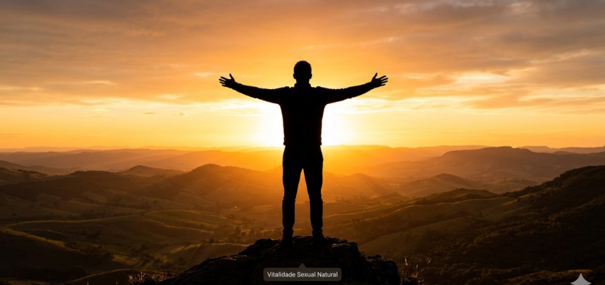 Silhueta de homem em pose de energia no topo da colina ao pôr do sol, simbolizando vitalidade sexual natural.