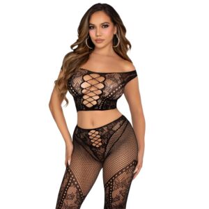 LEG AVENUE - TOP CROP E LEGGING DE REDE COM OMBROS À FRENTE PRETO